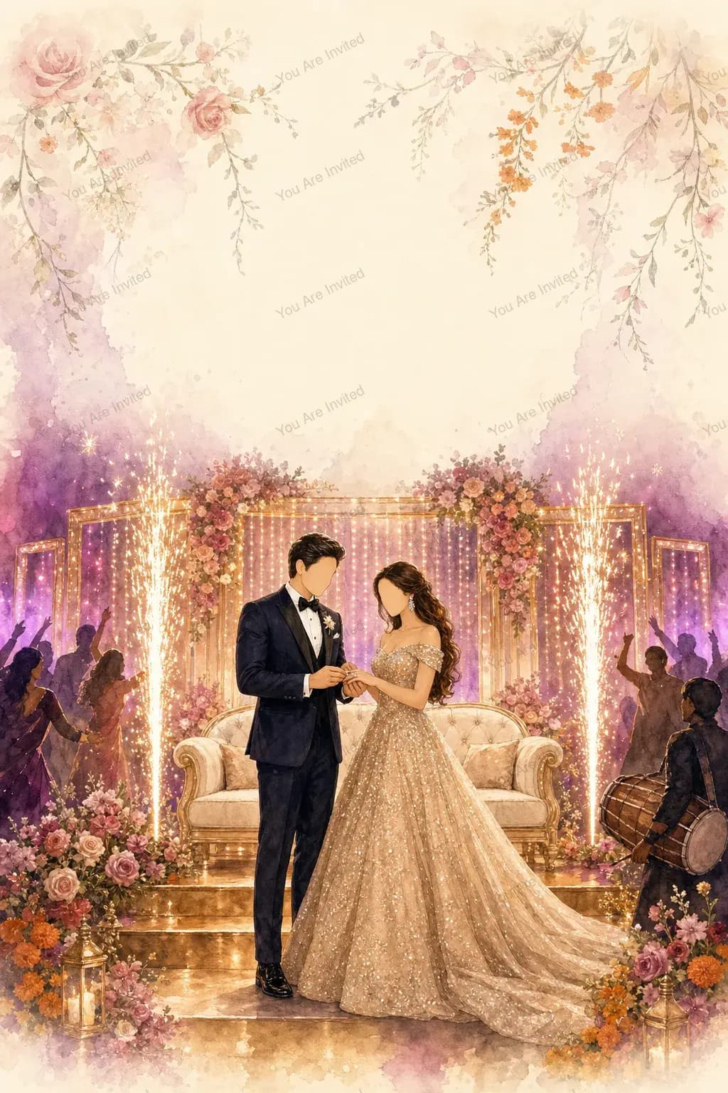 Engagement scene from a wedding invitation designed for one couple