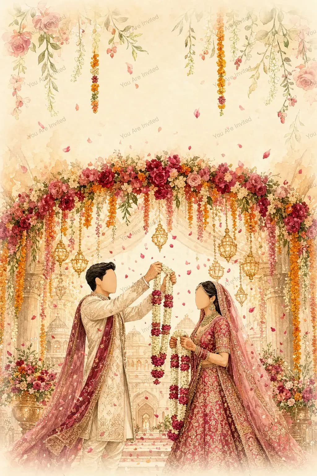 Wedding ceremony scene from a wedding invitation designed for one couple